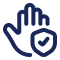 Icon of an outlined hand with a shield and checkmark on the palm, symbolizing security or approval.